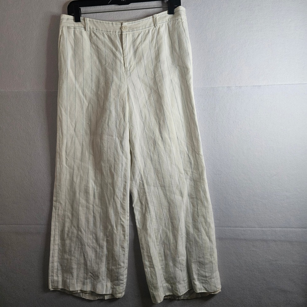 Lauren Ralph Lauren Petite Andover Linen Wide Leg Pinstripe Pants White Blue 10P